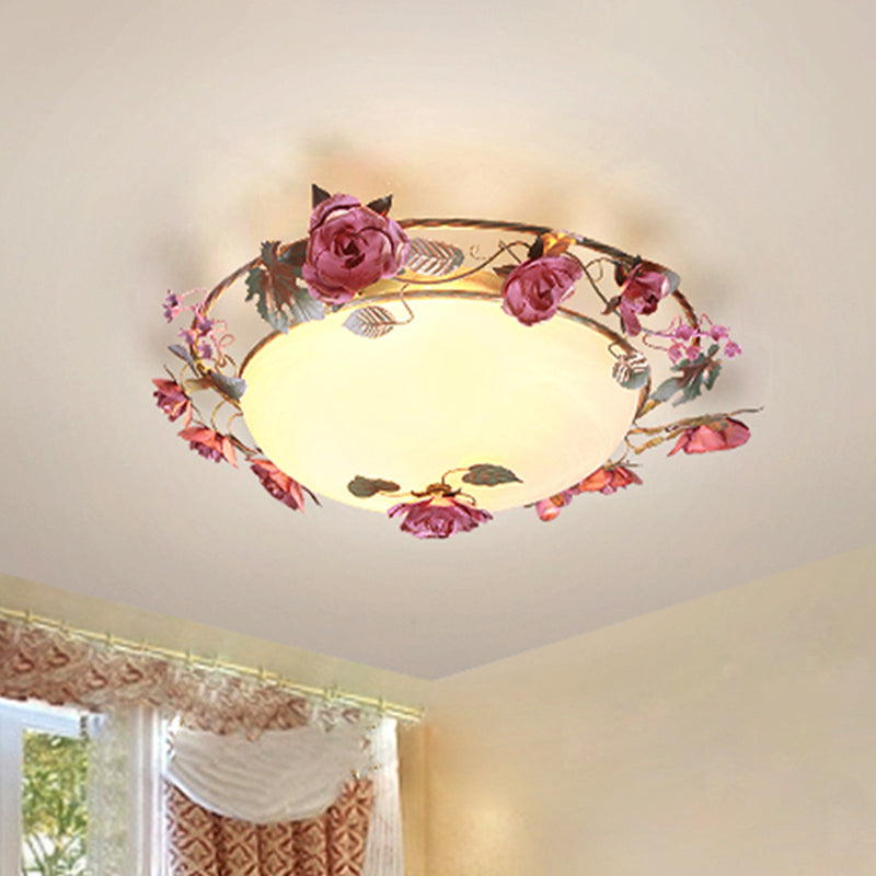Bowl Dining Room Ceiling Lamp Countryside Metal 2/3/4 Bulbs White Flush Mount Light Fixture with Flower Decor Clearhalo 'Ceiling Lights' 'Close To Ceiling Lights' 'Close to ceiling' 'Flush mount' Lighting' 465741