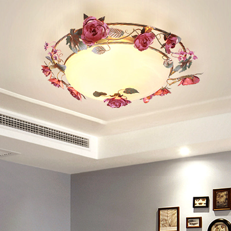 Bowl Dining Room Ceiling Lamp Countryside Metal 2/3/4 Bulbs White Flush Mount Light Fixture with Flower Decor 3 White Clearhalo 'Ceiling Lights' 'Close To Ceiling Lights' 'Close to ceiling' 'Flush mount' Lighting' 465744