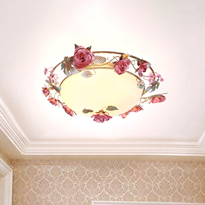 Bowl Dining Room Ceiling Lamp Countryside Metal 2/3/4 Bulbs White Flush Mount Light Fixture with Flower Decor Clearhalo 'Ceiling Lights' 'Close To Ceiling Lights' 'Close to ceiling' 'Flush mount' Lighting' 465745