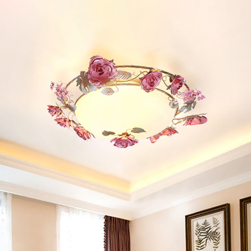 Bowl Dining Room Ceiling Lamp Countryside Metal 2/3/4 Bulbs White Flush Mount Light Fixture with Flower Decor