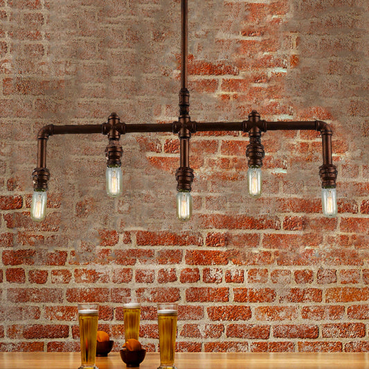 Iron Piping Island Hanging Light with Exposed Bulb Vintage 5 Lights Coffee Shop Ceiling Light Fixture in Bronze Clearhalo 'Ceiling Lights' 'Island Lights' Lighting' 465766