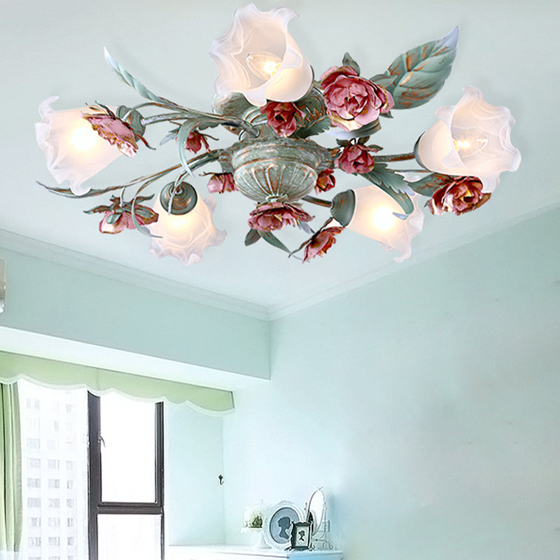 Metal Spiral Ceiling Lighting Korean Garden 3/5/8 Heads Bedroom Semi Flush Mount Light Fixture in Green with Rose 5 Green Clearhalo 'Ceiling Lights' 'Close To Ceiling Lights' 'Close to ceiling' 'Semi-flushmount' Lighting' 465767
