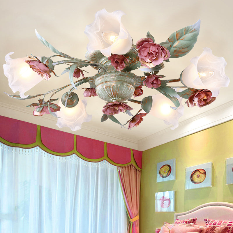 Metal Spiral Ceiling Lighting Korean Garden 3/5/8 Heads Bedroom Semi Flush Mount Light Fixture in Green with Rose Clearhalo 'Ceiling Lights' 'Close To Ceiling Lights' 'Close to ceiling' 'Semi-flushmount' Lighting' 465768