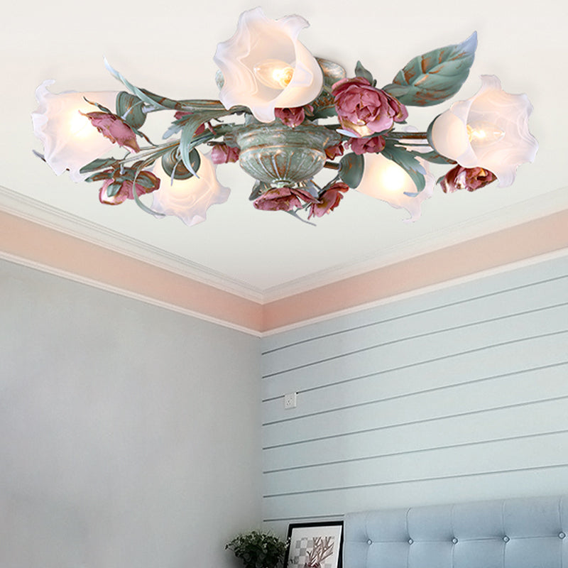 Metal Spiral Ceiling Lighting Korean Garden 3/5/8 Heads Bedroom Semi Flush Mount Light Fixture in Green with Rose Clearhalo 'Ceiling Lights' 'Close To Ceiling Lights' 'Close to ceiling' 'Semi-flushmount' Lighting' 465769