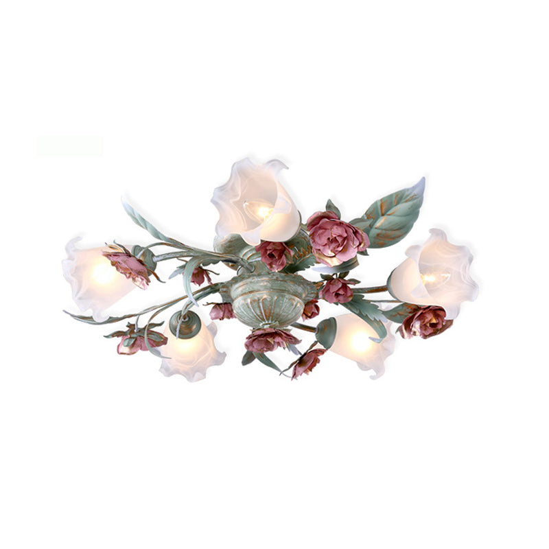 Metal Spiral Ceiling Lighting Korean Garden 3/5/8 Heads Bedroom Semi Flush Mount Light Fixture in Green with Rose Clearhalo 'Ceiling Lights' 'Close To Ceiling Lights' 'Close to ceiling' 'Semi-flushmount' Lighting' 465770