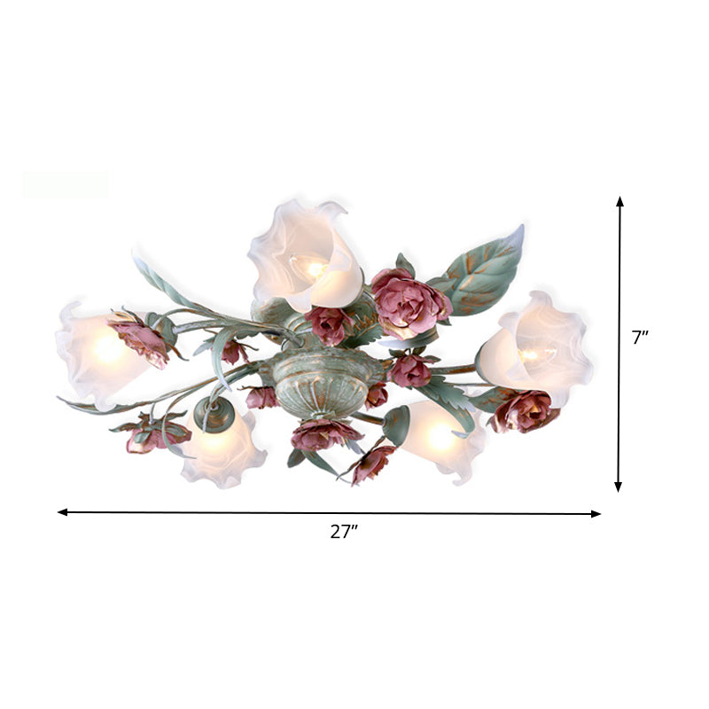 Metal Spiral Ceiling Lighting Korean Garden 3/5/8 Heads Bedroom Semi Flush Mount Light Fixture in Green with Rose Clearhalo 'Ceiling Lights' 'Close To Ceiling Lights' 'Close to ceiling' 'Semi-flushmount' Lighting' 465771