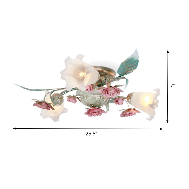 Metal Spiral Ceiling Lighting Korean Garden 3/5/8 Heads Bedroom Semi Flush Mount Light Fixture in Green with Rose Clearhalo 'Ceiling Lights' 'Close To Ceiling Lights' 'Close to ceiling' 'Semi-flushmount' Lighting' 465774