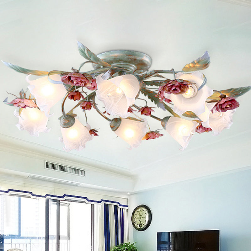 Metal Spiral Ceiling Lighting Korean Garden 3/5/8 Heads Bedroom Semi Flush Mount Light Fixture in Green with Rose 8 Green Clearhalo 'Ceiling Lights' 'Close To Ceiling Lights' 'Close to ceiling' 'Semi-flushmount' Lighting' 465775