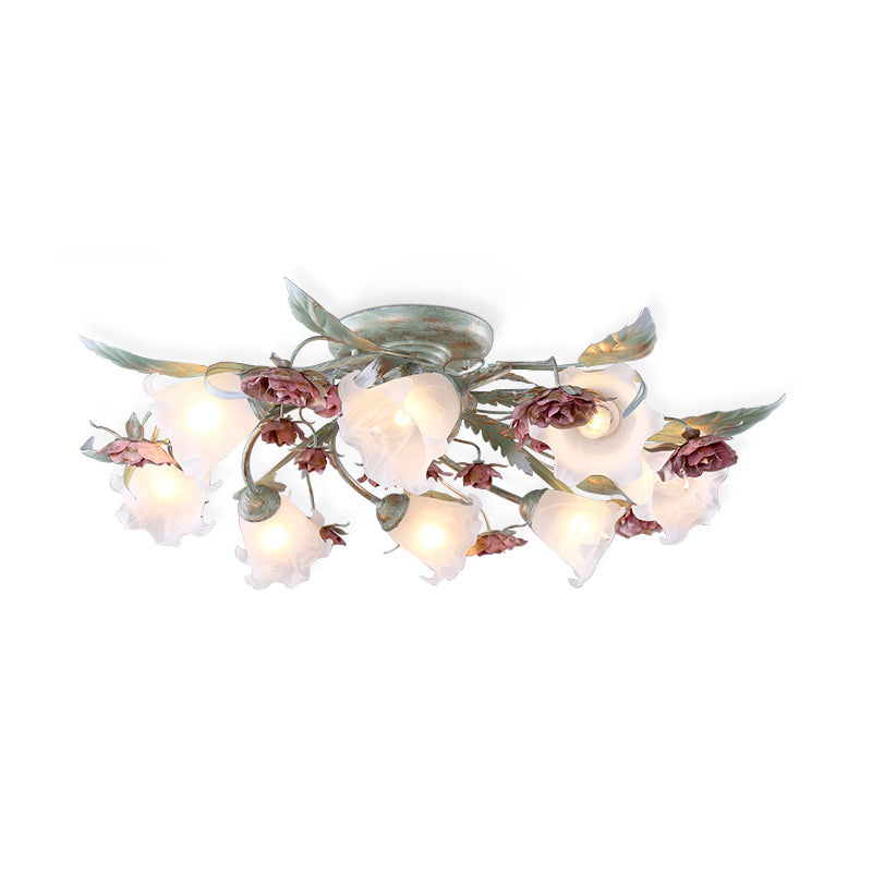 Metal Spiral Ceiling Lighting Korean Garden 3/5/8 Heads Bedroom Semi Flush Mount Light Fixture in Green with Rose Clearhalo 'Ceiling Lights' 'Close To Ceiling Lights' 'Close to ceiling' 'Semi-flushmount' Lighting' 465776
