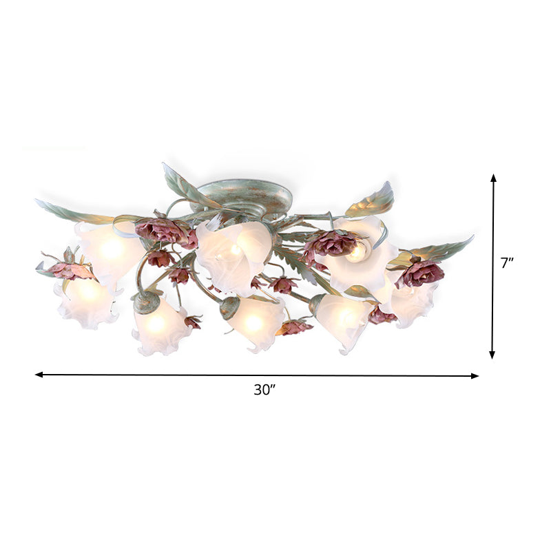 Metal Spiral Ceiling Lighting Korean Garden 3/5/8 Heads Bedroom Semi Flush Mount Light Fixture in Green with Rose Clearhalo 'Ceiling Lights' 'Close To Ceiling Lights' 'Close to ceiling' 'Semi-flushmount' Lighting' 465777