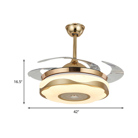 42" Width Modernist Circular Pendant Fan Lamp LED Acrylic Semi Flush Light Fixture in Gold with 4 Blades, Remote/Wall Control Clearhalo 'Ceiling Fans with Lights' 'Ceiling Fans' 'Modern Ceiling Fans' 'Modern' Lighting' 465884