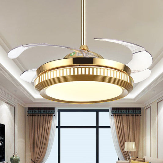LED Acrylic Semi Flush Light Contemporary White /Gold Round Dining Room Hanging Fan Lamp with 4 Clear Blades, 42" W Gold Clearhalo 'Ceiling Fans with Lights' 'Ceiling Fans' 'Modern Ceiling Fans' 'Modern' Lighting' 465890