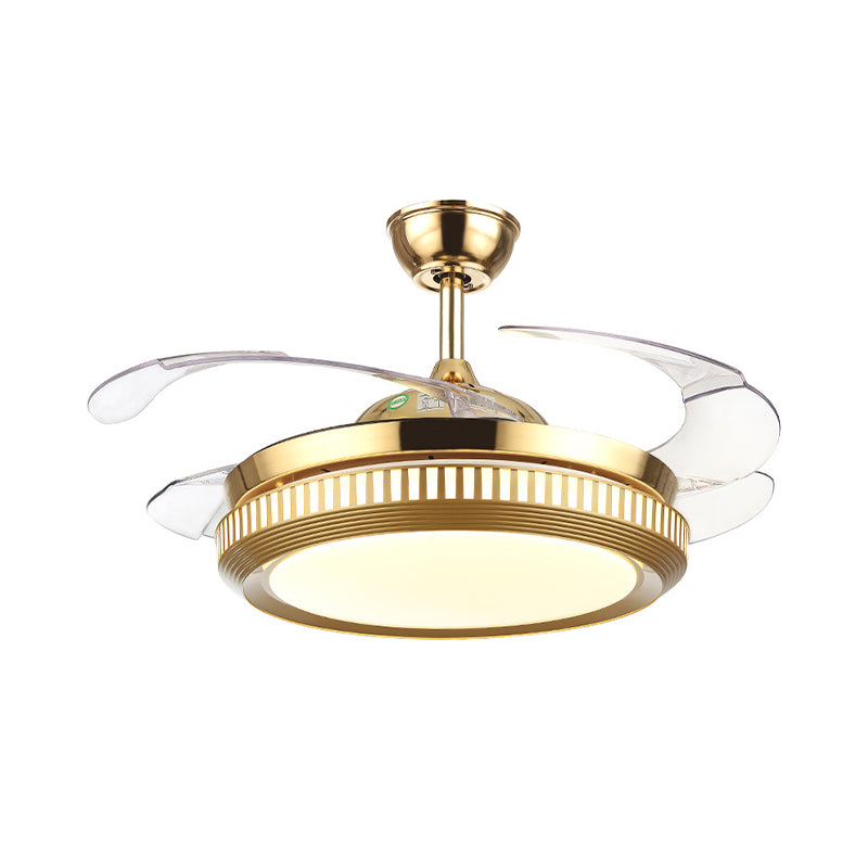 LED Acrylic Semi Flush Light Contemporary White /Gold Round Dining Room Hanging Fan Lamp with 4 Clear Blades, 42" W Clearhalo 'Ceiling Fans with Lights' 'Ceiling Fans' 'Modern Ceiling Fans' 'Modern' Lighting' 465892