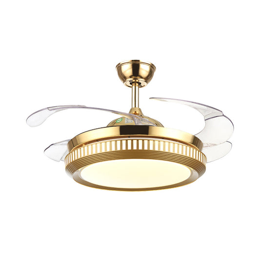 LED Acrylic Semi Flush Light Contemporary White /Gold Round Dining Room Hanging Fan Lamp with 4 Clear Blades, 42" W Clearhalo 'Ceiling Fans with Lights' 'Ceiling Fans' 'Modern Ceiling Fans' 'Modern' Lighting' 465892