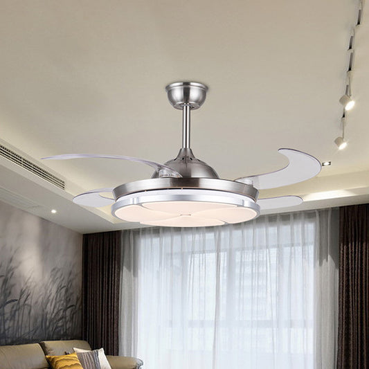 Clover Metal Semi Flush Mount Simplicity LED Living Room Ceiling Fan Lighting in Silver with 4 Clear Blades, 36"/42" Wide Silver Clearhalo 'Ceiling Fans with Lights' 'Ceiling Fans' 'Modern Ceiling Fans' 'Modern' Lighting' 465893