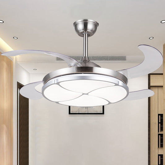 Clover Metal Semi Flush Mount Simplicity LED Living Room Ceiling Fan Lighting in Silver with 4 Clear Blades, 36"/42" Wide Clearhalo 'Ceiling Fans with Lights' 'Ceiling Fans' 'Modern Ceiling Fans' 'Modern' Lighting' 465894