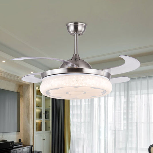36"/42" W Acrylic Flower Semi Mount Lighting Modern LED Living Room Hanging Fan Light in Silver with 4 Clear Blades, Remote Control/Frequency Conversion and Remote Control Clearhalo 'Ceiling Fans with Lights' 'Ceiling Fans' 'Modern Ceiling Fans' 'Modern' Lighting' 465907