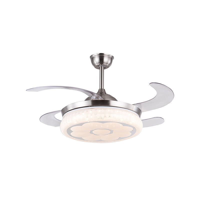 36"/42" W Acrylic Flower Semi Mount Lighting Modern LED Living Room Hanging Fan Light in Silver with 4 Clear Blades, Remote Control/Frequency Conversion and Remote Control Clearhalo 'Ceiling Fans with Lights' 'Ceiling Fans' 'Modern Ceiling Fans' 'Modern' Lighting' 465908
