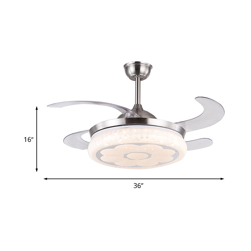 36"/42" W Acrylic Flower Semi Mount Lighting Modern LED Living Room Hanging Fan Light in Silver with 4 Clear Blades, Remote Control/Frequency Conversion and Remote Control Clearhalo 'Ceiling Fans with Lights' 'Ceiling Fans' 'Modern Ceiling Fans' 'Modern' Lighting' 465909