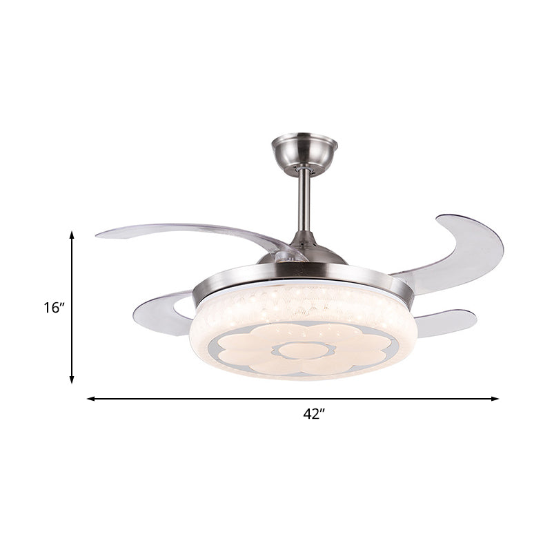 36"/42" W Acrylic Flower Semi Mount Lighting Modern LED Living Room Hanging Fan Light in Silver with 4 Clear Blades, Remote Control/Frequency Conversion and Remote Control Clearhalo 'Ceiling Fans with Lights' 'Ceiling Fans' 'Modern Ceiling Fans' 'Modern' Lighting' 465910