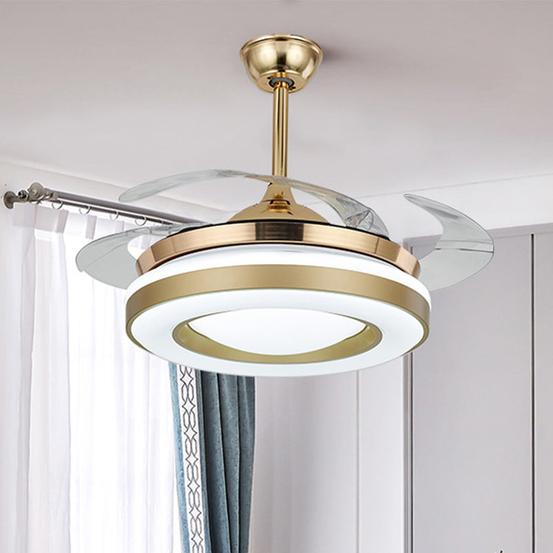 Gold Circular Hanging Fan Lighting Contemporary Acrylic 42" W LED Dining Room Semi-Flush Ceiling Light with 4 Clear Blades, Remote/Wall Control Clearhalo 'Ceiling Fans with Lights' 'Ceiling Fans' 'Modern Ceiling Fans' 'Modern' Lighting' 465918