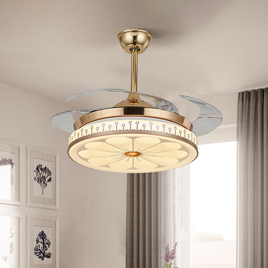 Circle Dining Room Semi Flush Contemporary Acrylic LED 42" W Gold 4 Blades Pendant Fan Light, Remote/Wall Control/Frequency Conversion and Remote Control Gold Clearhalo 'Ceiling Fans with Lights' 'Ceiling Fans' 'Modern Ceiling Fans' 'Modern' Lighting' 465922