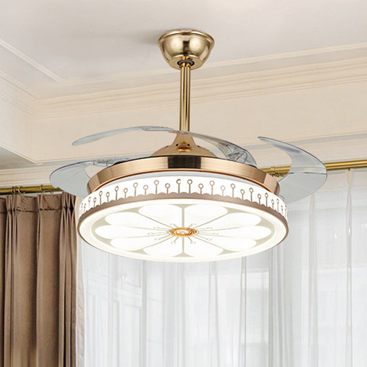 Circle Dining Room Semi Flush Contemporary Acrylic LED 42" W Gold 4 Blades Pendant Fan Light, Remote/Wall Control/Frequency Conversion and Remote Control Clearhalo 'Ceiling Fans with Lights' 'Ceiling Fans' 'Modern Ceiling Fans' 'Modern' Lighting' 465923