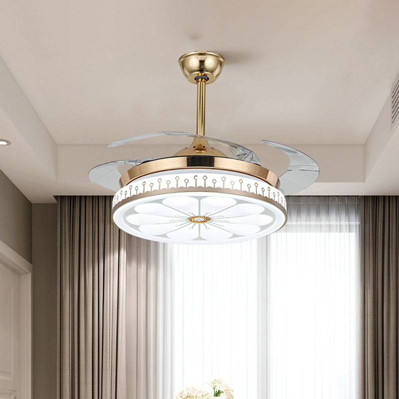 Circle Dining Room Semi Flush Contemporary Acrylic LED 42" W Gold 4 Blades Pendant Fan Light, Remote/Wall Control/Frequency Conversion and Remote Control Clearhalo 'Ceiling Fans with Lights' 'Ceiling Fans' 'Modern Ceiling Fans' 'Modern' Lighting' 465924