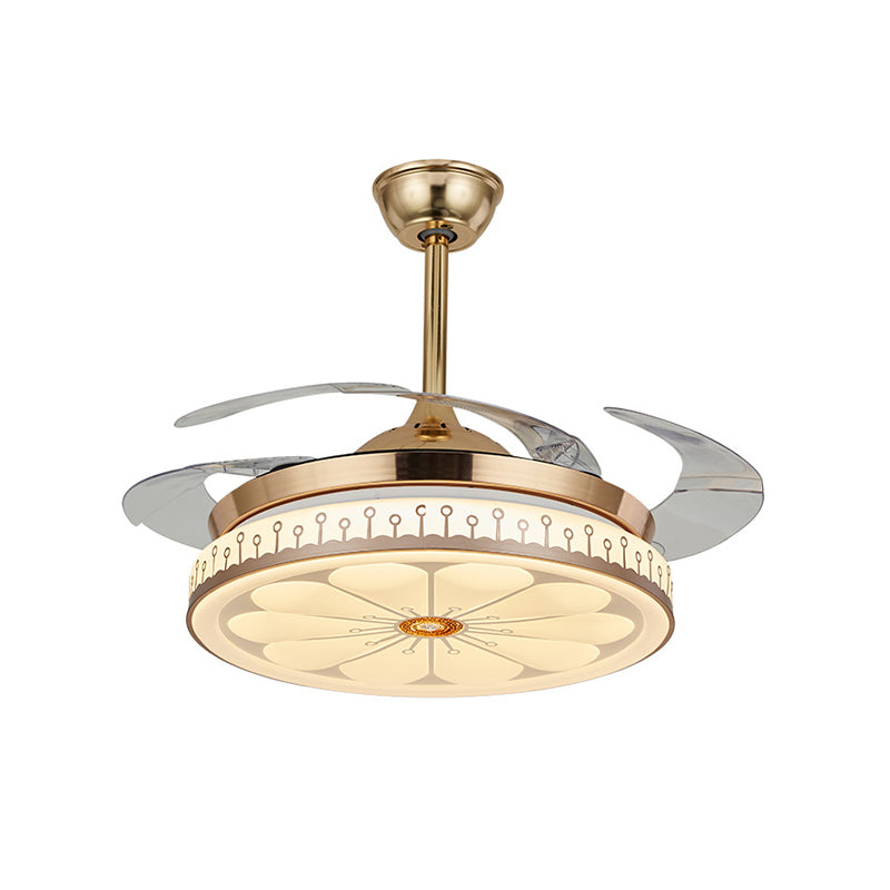 Circle Dining Room Semi Flush Contemporary Acrylic LED 42" W Gold 4 Blades Pendant Fan Light, Remote/Wall Control/Frequency Conversion and Remote Control Clearhalo 'Ceiling Fans with Lights' 'Ceiling Fans' 'Modern Ceiling Fans' 'Modern' Lighting' 465925
