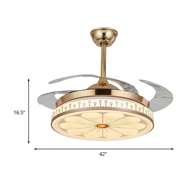 Circle Dining Room Semi Flush Contemporary Acrylic LED 42" W Gold 4 Blades Pendant Fan Light, Remote/Wall Control/Frequency Conversion and Remote Control Clearhalo 'Ceiling Fans with Lights' 'Ceiling Fans' 'Modern Ceiling Fans' 'Modern' Lighting' 465926
