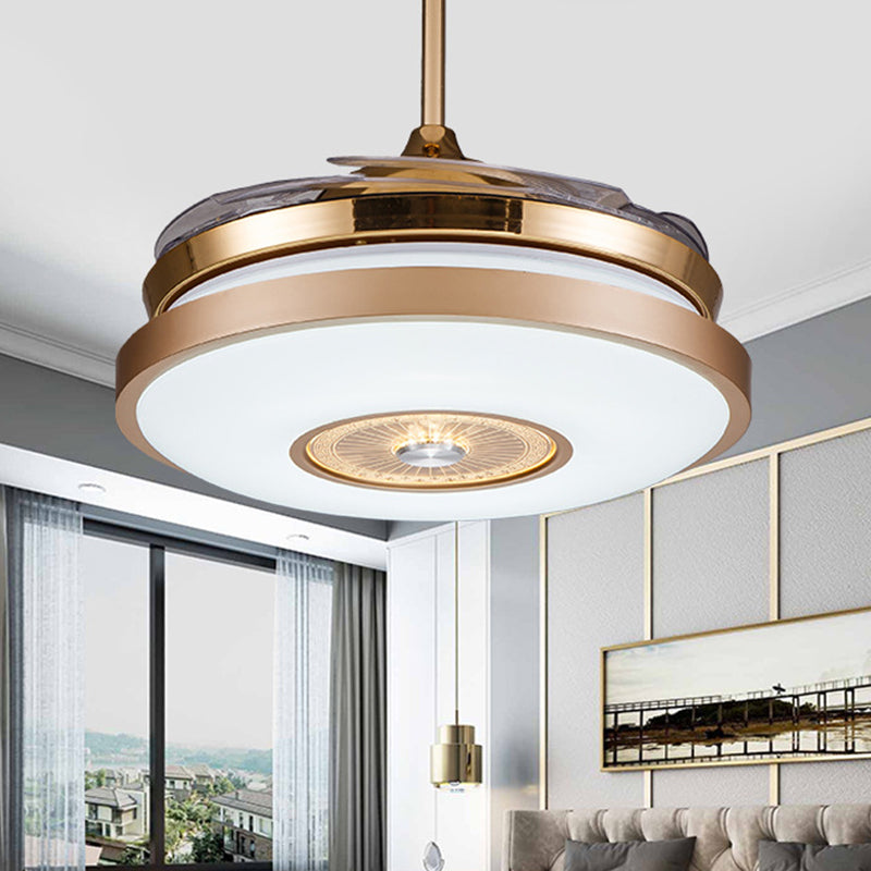 Circle Bedroom Semi Flush Mount Minimalist Metal LED Gold Hanging Fan Lighting with 4 Clear Blades, 36"/42" Width Gold Clearhalo 'Ceiling Fans with Lights' 'Ceiling Fans' 'Modern Ceiling Fans' 'Modern' Lighting' 465946