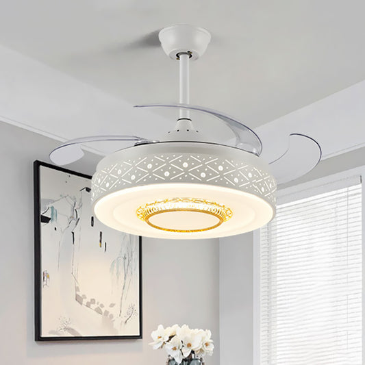 Drum Metal Ceiling Fan Light Modern 42" Width LED Bedroom 4 Blades Semi Flush Mount Lighting in White, Remote/Wall Control White Clearhalo 'Ceiling Fans with Lights' 'Ceiling Fans' 'Modern Ceiling Fans' 'Modern' Lighting' 465989