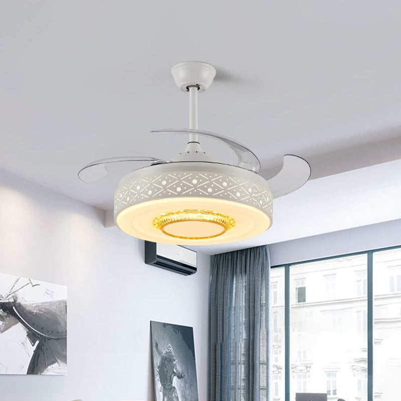 Drum Metal Ceiling Fan Light Modern 42" Width LED Bedroom 4 Blades Semi Flush Mount Lighting in White, Remote/Wall Control Clearhalo 'Ceiling Fans with Lights' 'Ceiling Fans' 'Modern Ceiling Fans' 'Modern' Lighting' 465991