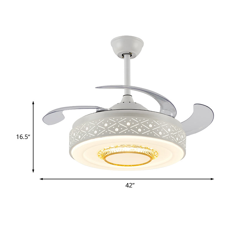 Drum Metal Ceiling Fan Light Modern 42" Width LED Bedroom 4 Blades Semi Flush Mount Lighting in White, Remote/Wall Control Clearhalo 'Ceiling Fans with Lights' 'Ceiling Fans' 'Modern Ceiling Fans' 'Modern' Lighting' 465993