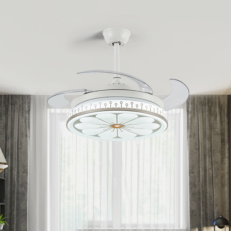 42" Wide LED Semi Flush Mount Light Simple Flower Pattern Metal Ceiling Fan Lamp in White with 4 Blades, Remote/Wall Control/Frequency Conversion and Remote Control Clearhalo 'Ceiling Fans with Lights' 'Ceiling Fans' 'Modern Ceiling Fans' 'Modern' Lighting' 466018