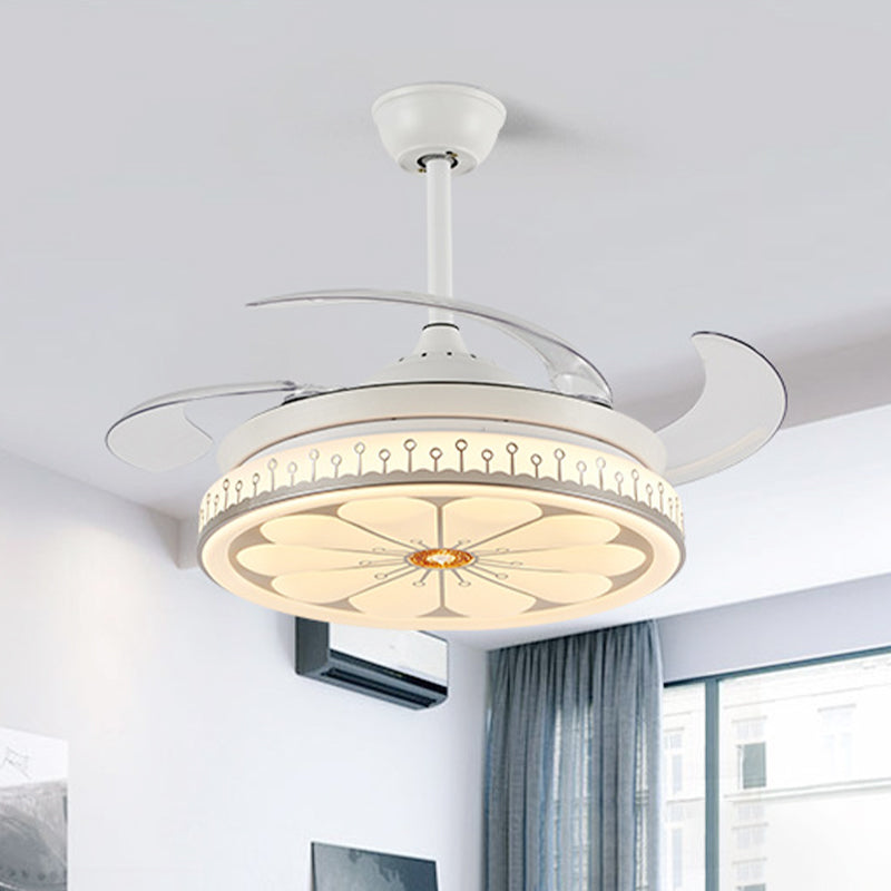 42" Wide LED Semi Flush Mount Light Simple Flower Pattern Metal Ceiling Fan Lamp in White with 4 Blades, Remote/Wall Control/Frequency Conversion and Remote Control Clearhalo 'Ceiling Fans with Lights' 'Ceiling Fans' 'Modern Ceiling Fans' 'Modern' Lighting' 466019