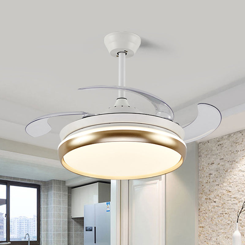 Acrylic Round Hanging Fan Lamp Modernist 42" W LED Living Room 4 Blades Semi Mount Lighting in Gold, Remote/Wall Control/Frequency Conversion and Remote Control Gold Clearhalo 'Ceiling Fans with Lights' 'Ceiling Fans' 'Modern Ceiling Fans' 'Modern' Lighting' 466035