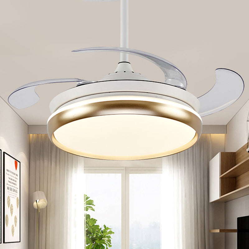 Acrylic Round Hanging Fan Lamp Modernist 42" W LED Living Room 4 Blades Semi Mount Lighting in Gold, Remote/Wall Control/Frequency Conversion and Remote Control Clearhalo 'Ceiling Fans with Lights' 'Ceiling Fans' 'Modern Ceiling Fans' 'Modern' Lighting' 466036