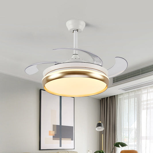 Acrylic Round Hanging Fan Lamp Modernist 42" W LED Living Room 4 Blades Semi Mount Lighting in Gold, Remote/Wall Control/Frequency Conversion and Remote Control Clearhalo 'Ceiling Fans with Lights' 'Ceiling Fans' 'Modern Ceiling Fans' 'Modern' Lighting' 466037