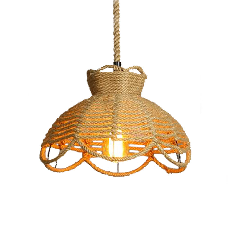 Flower Basket Rope Hanging Lighting Farmhouse 1 Head Restaurant Ceiling Lamp in Beige Clearhalo 'Ceiling Lights' 'Industrial Pendants' 'Industrial' 'Middle Century Pendants' 'Pendant Lights' 'Pendants' 'Tiffany' Lighting' 466073