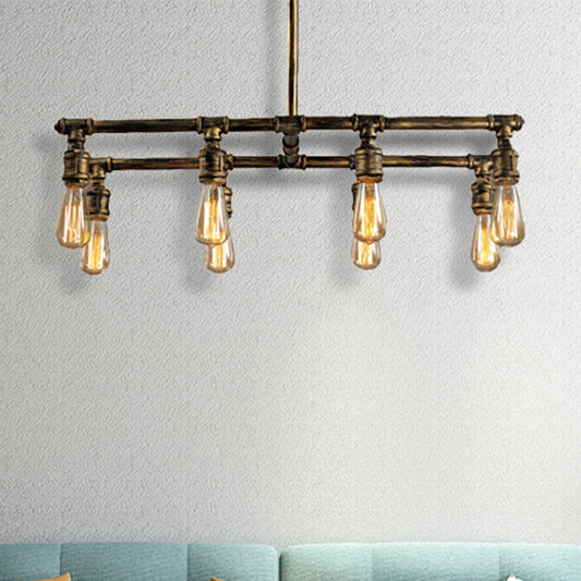 Aged Brass Linear Island Pendant Lighting with Water Pipe Rustic Wrought Iron 8 Lights Kitchen Island Light Clearhalo 'Ceiling Lights' 'Island Lights' Lighting' 466098
