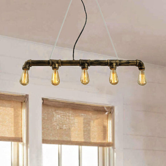 Antique Brass 5 Lights Pendant Lamp Industrial Style Wrought Iron Piping Island Lighting with Exposed Bulb Clearhalo 'Ceiling Lights' 'Island Lights' Lighting' 466100