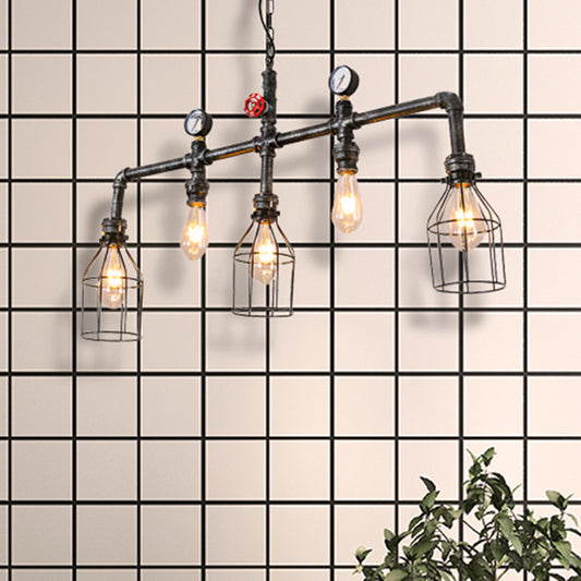 Aged Silver 5 Bulbs Island Lighting Industrial Metallic Caged Hanging Lamp with Pipe and Pressure Gauge Clearhalo 'Ceiling Lights' 'Island Lights' Lighting' 466102
