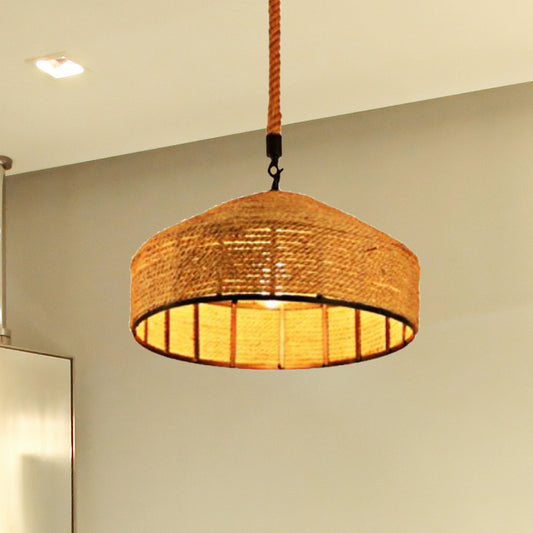 Beige 1-Head Pendant Light Fixture Antiqued Rope Mongolian Yurts Shape Hanging Ceiling Lamp with Hand Woven Design, 12"/16"/19.5" Wide Beige Clearhalo 'Ceiling Lights' 'Industrial Pendants' 'Industrial' 'Middle Century Pendants' 'Pendant Lights' 'Pendants' 'Tiffany' Lighting' 466104