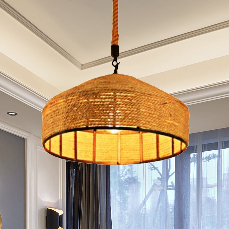 Beige 1-Head Pendant Light Fixture Antiqued Rope Mongolian Yurts Shape Hanging Ceiling Lamp with Hand Woven Design, 12"/16"/19.5" Wide Clearhalo 'Ceiling Lights' 'Industrial Pendants' 'Industrial' 'Middle Century Pendants' 'Pendant Lights' 'Pendants' 'Tiffany' Lighting' 466105