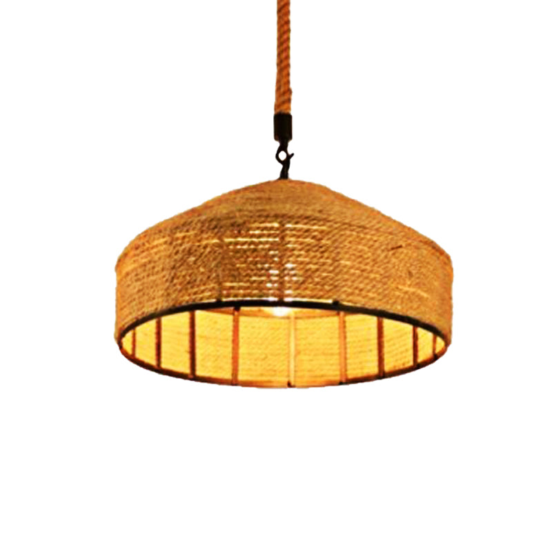 Beige 1-Head Pendant Light Fixture Antiqued Rope Mongolian Yurts Shape Hanging Ceiling Lamp with Hand Woven Design, 12"/16"/19.5" Wide Clearhalo 'Ceiling Lights' 'Industrial Pendants' 'Industrial' 'Middle Century Pendants' 'Pendant Lights' 'Pendants' 'Tiffany' Lighting' 466106