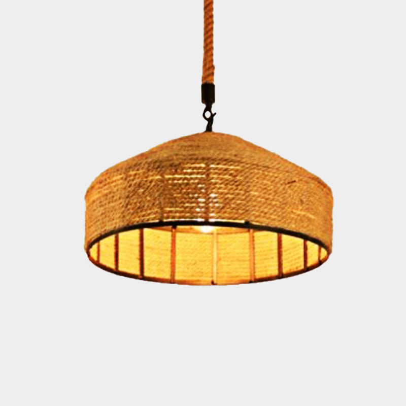 Beige 1-Head Pendant Light Fixture Antiqued Rope Mongolian Yurts Shape Hanging Ceiling Lamp with Hand Woven Design, 12"/16"/19.5" Wide Clearhalo 'Ceiling Lights' 'Industrial Pendants' 'Industrial' 'Middle Century Pendants' 'Pendant Lights' 'Pendants' 'Tiffany' Lighting' 466107