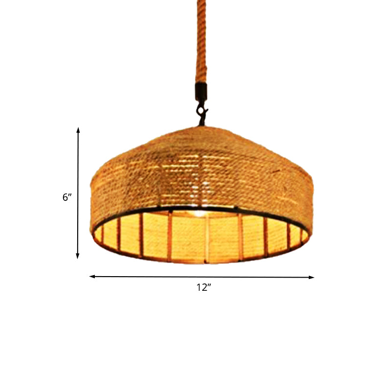 Beige 1-Head Pendant Light Fixture Antiqued Rope Mongolian Yurts Shape Hanging Ceiling Lamp with Hand Woven Design, 12"/16"/19.5" Wide Clearhalo 'Ceiling Lights' 'Industrial Pendants' 'Industrial' 'Middle Century Pendants' 'Pendant Lights' 'Pendants' 'Tiffany' Lighting' 466108