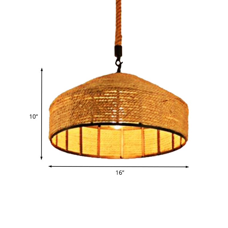 Beige 1-Head Pendant Light Fixture Antiqued Rope Mongolian Yurts Shape Hanging Ceiling Lamp with Hand Woven Design, 12"/16"/19.5" Wide Clearhalo 'Ceiling Lights' 'Industrial Pendants' 'Industrial' 'Middle Century Pendants' 'Pendant Lights' 'Pendants' 'Tiffany' Lighting' 466109