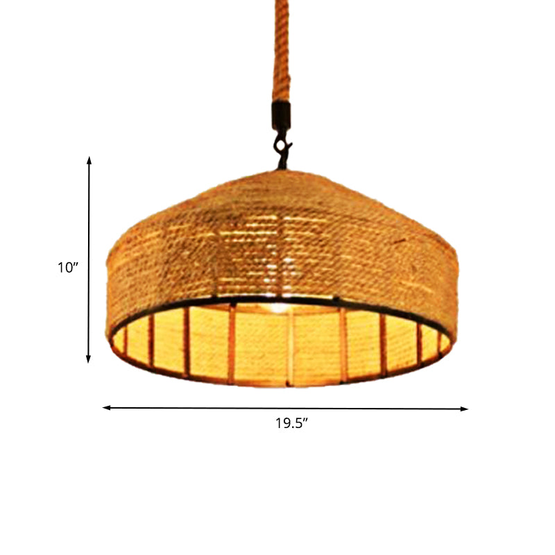 Beige 1-Head Pendant Light Fixture Antiqued Rope Mongolian Yurts Shape Hanging Ceiling Lamp with Hand Woven Design, 12"/16"/19.5" Wide Clearhalo 'Ceiling Lights' 'Industrial Pendants' 'Industrial' 'Middle Century Pendants' 'Pendant Lights' 'Pendants' 'Tiffany' Lighting' 466110